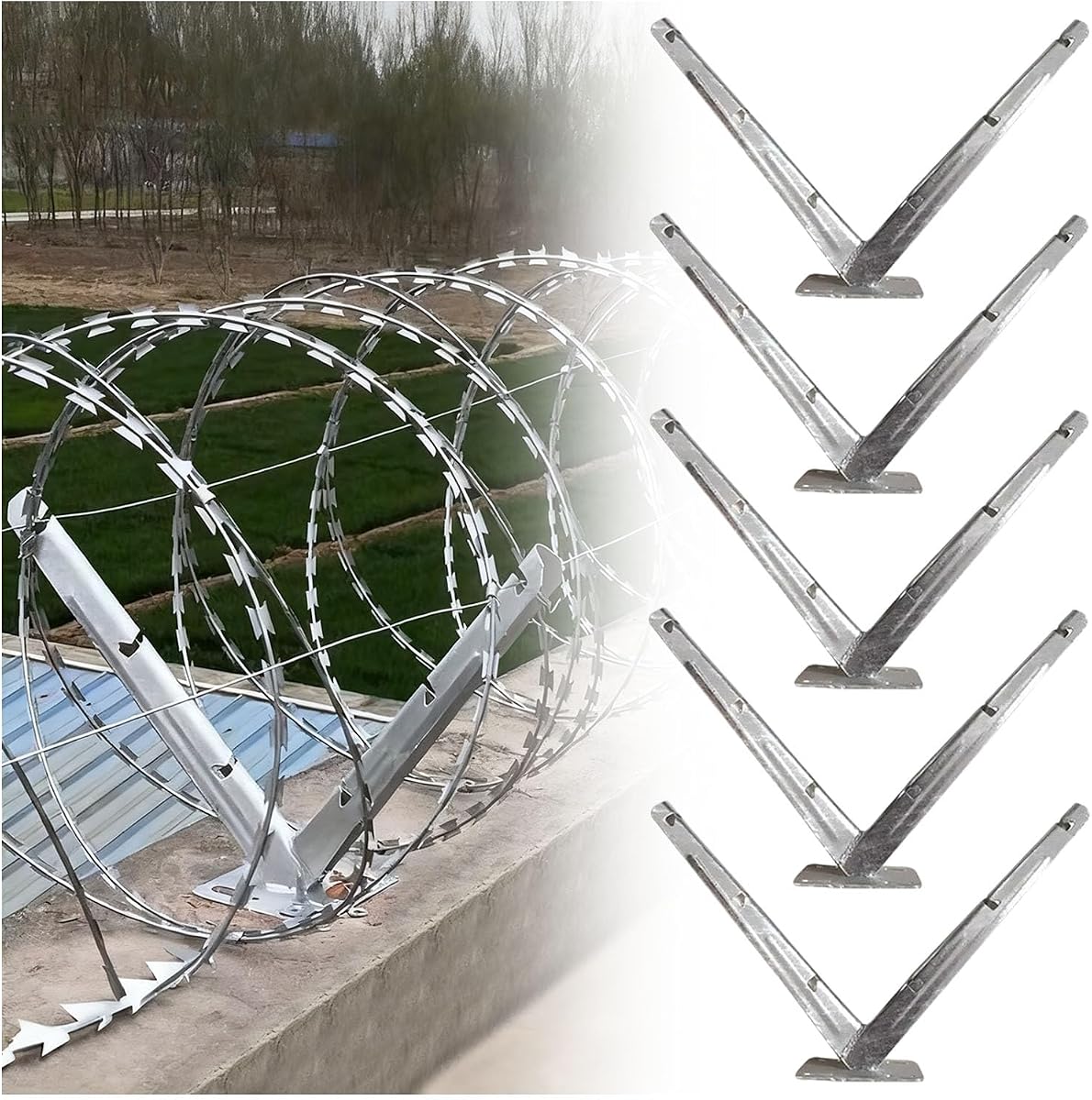 5 Pack Razor Wire V Bracket, Galvanized Steel Barbed Wire Fencing V Bracket, Easy Install Roll Concertina for top of Fence, Roll Cage Arm Extension Mount for Garden, Agricultural Fencing