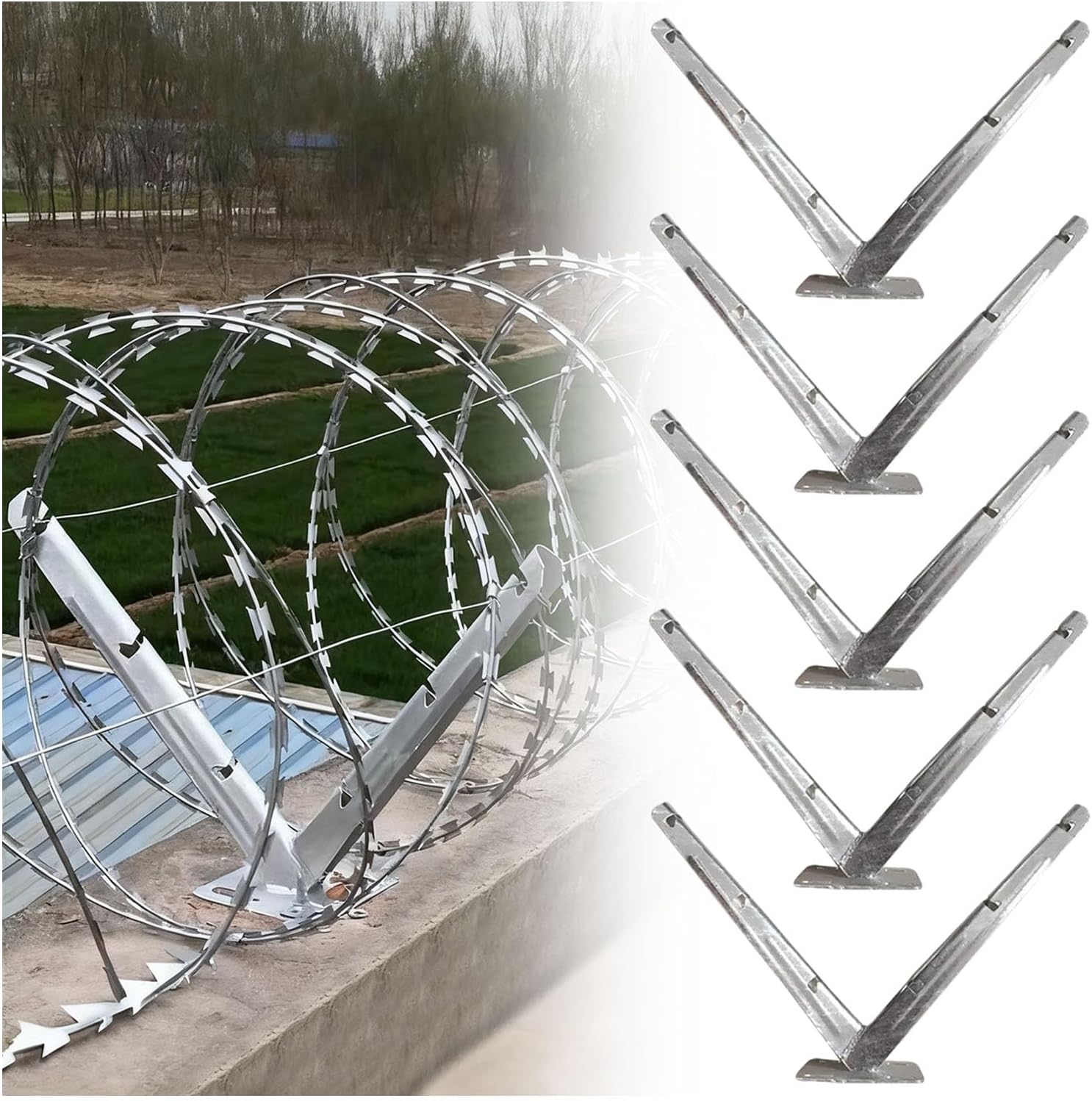 5 Pack Razor Wire V Bracket, Galvanized Steel Barbed Wire Fencing V Bracket, Easy Install Roll Concertina for top of Fence, Roll Cage Arm Extension Mount for Garden, Agricultural Fencing