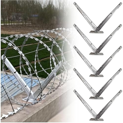 5 Pack Razor Wire V Bracket, Galvanized Steel Barbed Wire Fencing V Bracket, Easy Install Roll Concertina for top of Fence, Roll Cage Arm Extension Mount for Garden, Agricultural Fencing
