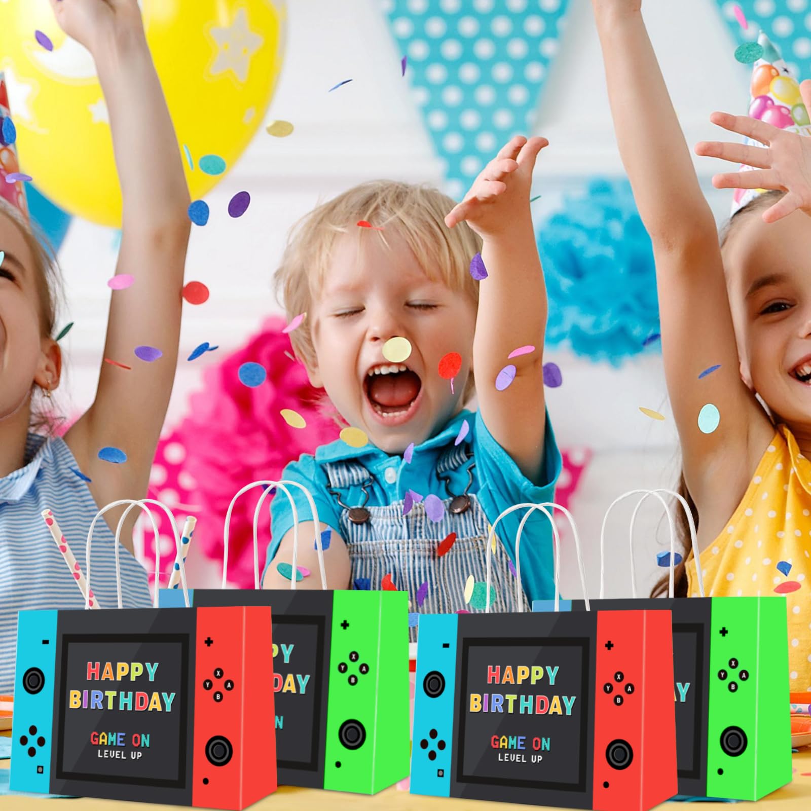 JOCOPUERTO Bolsas de regalo de fiesta de videojuegos, bolsas de regalo de papel kraft con temática de juegos, 16 piezas, suministros de fiesta de cumpleaños