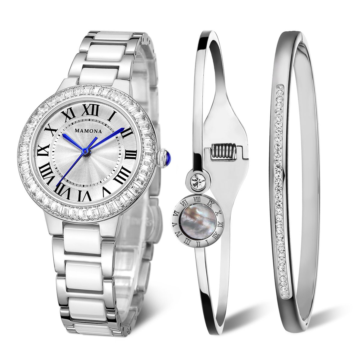 MAMONA Women's Quartz Watch Bracelet Gift Set Crystal Accented Ceramic/Stainless Steel White L68008SRGT