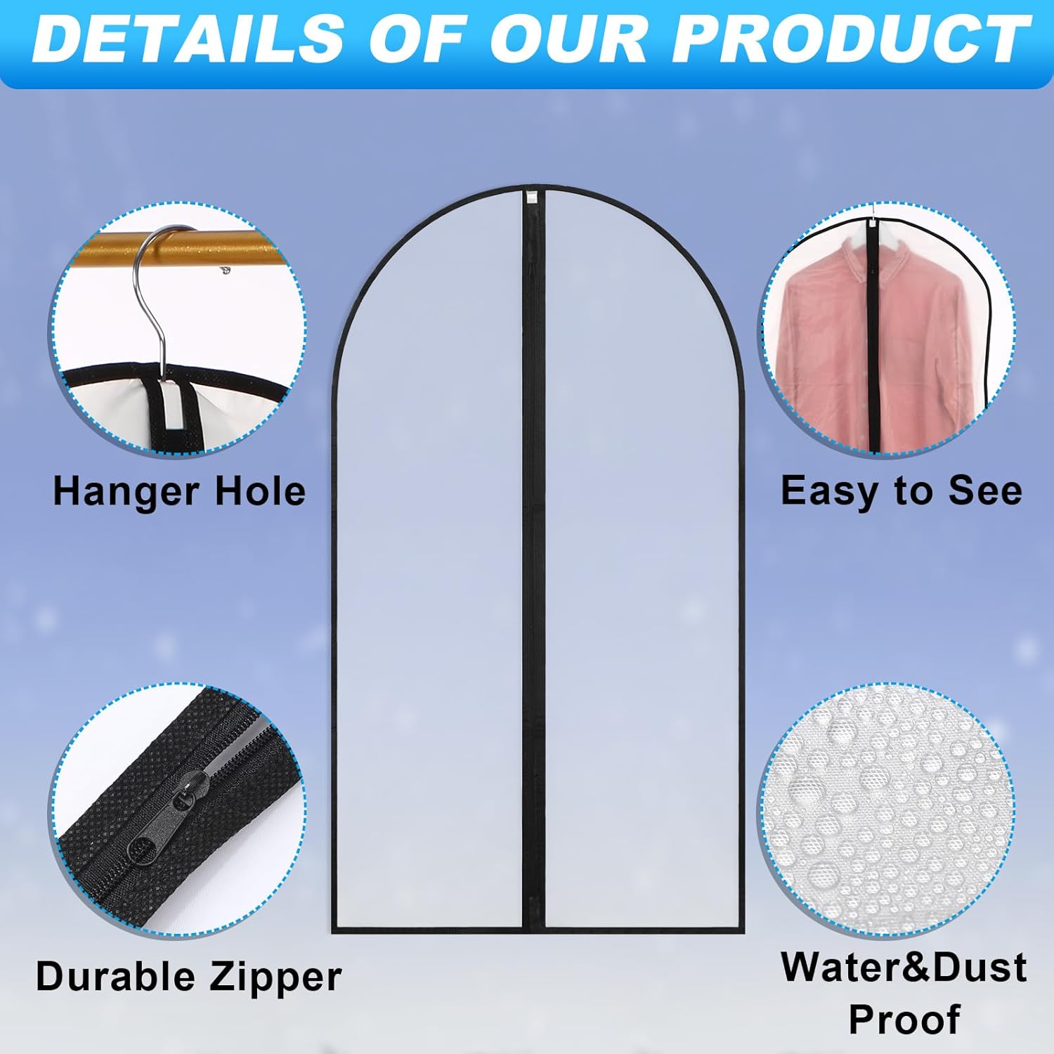 Sintuff 160 Pcs 24'' x 40'' Translucent Garment Bags for Hanging Clothes Cover with Black Full Zipper Hanging Travel Garment Cover Bags for Suits, Coats Storage