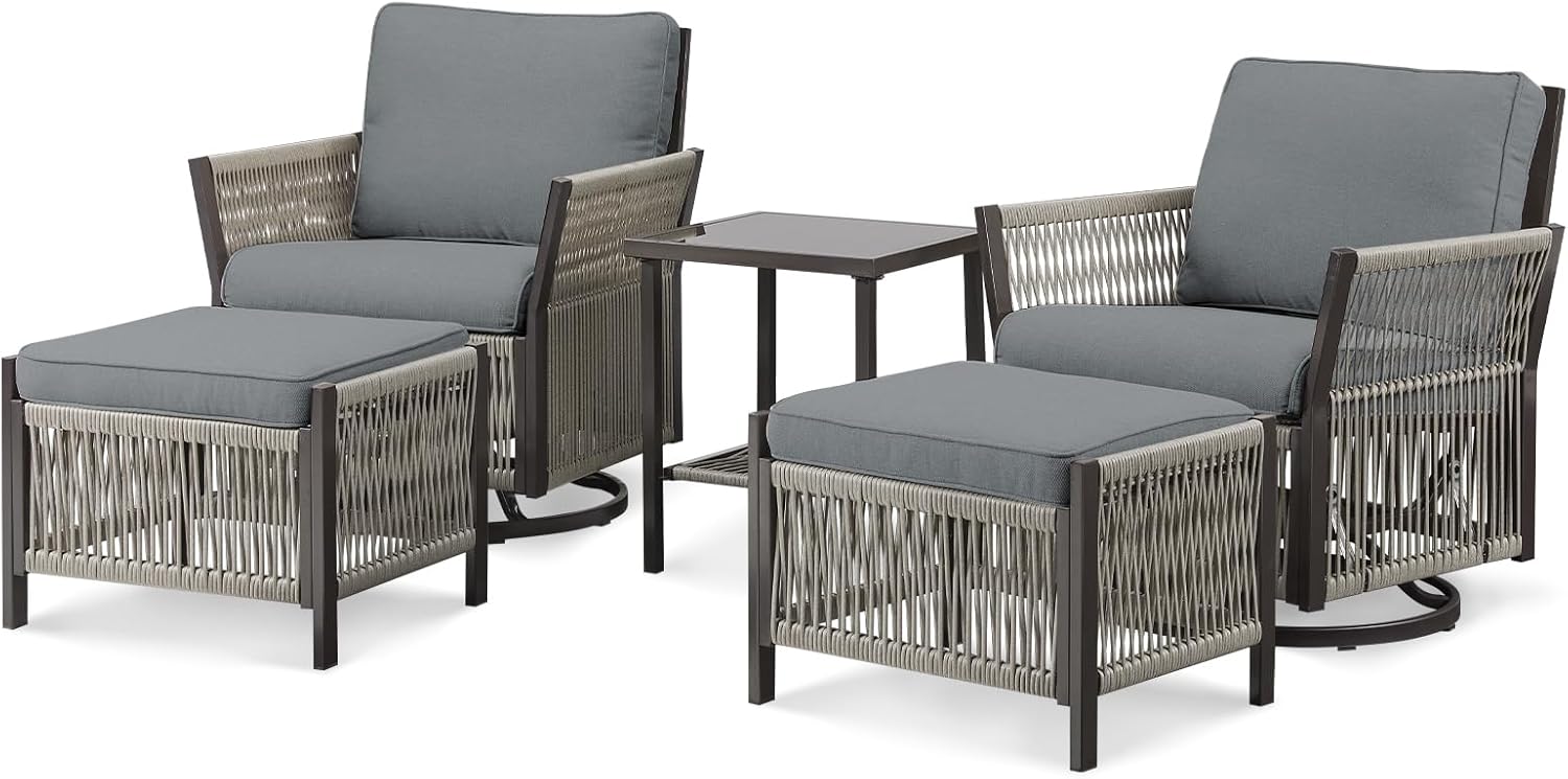 5 Piece Patio Bistro Furniture Set with Ottoman and Glass Side Table Swivel Rocker Glider Outdoor Chairs Set of 2, High Back Wicker Patio Conversation Set for Deck Porch Sunroom (Grey)