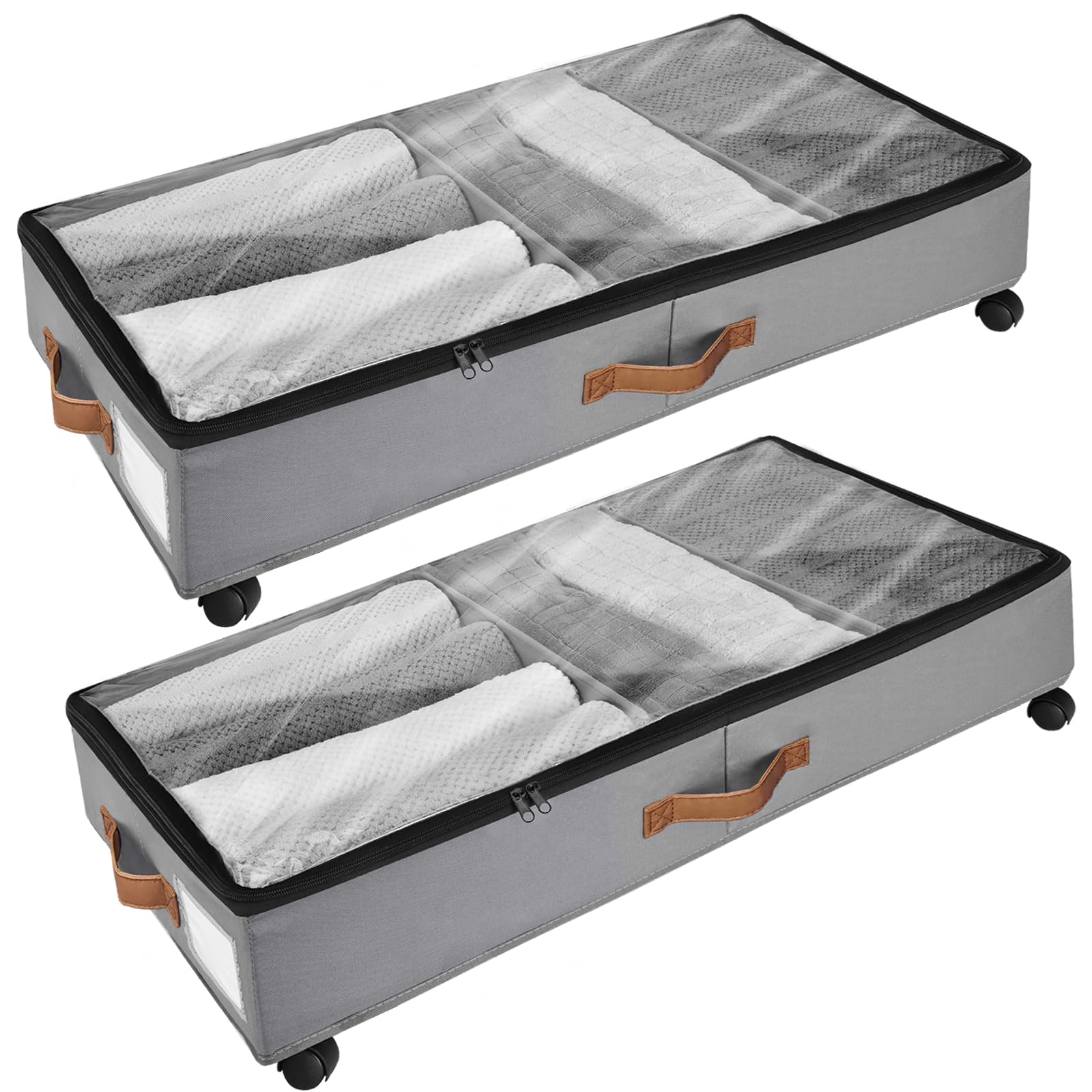 2 Piezas Organizador Ropa, Caja de Almacenamiento Debajo de la Cama Con Ruedas Giratorias de 360°, Cajas Almacenaje Ropa con Ventana Transparente Para Ropa, Zapatos y Mantas