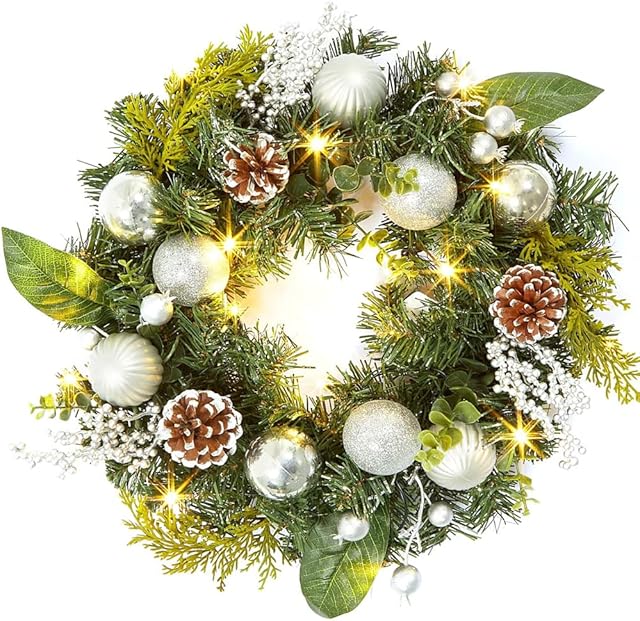 Adeeing 18 Inch Christmas Wreath with 15 LED Lights, 45cm Silver Front Door Pre-lit Garland with Christmas Baubles Berries Pine Cones for Door Wall Window Fireplace Decoration