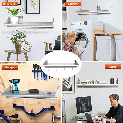 Miniatura 6 de Skyflame Estante de acero inoxidable de 12 x 24 pulgadas con 4 ganchos, estante de almacenamiento flotante montado en la pared para restaurante,
