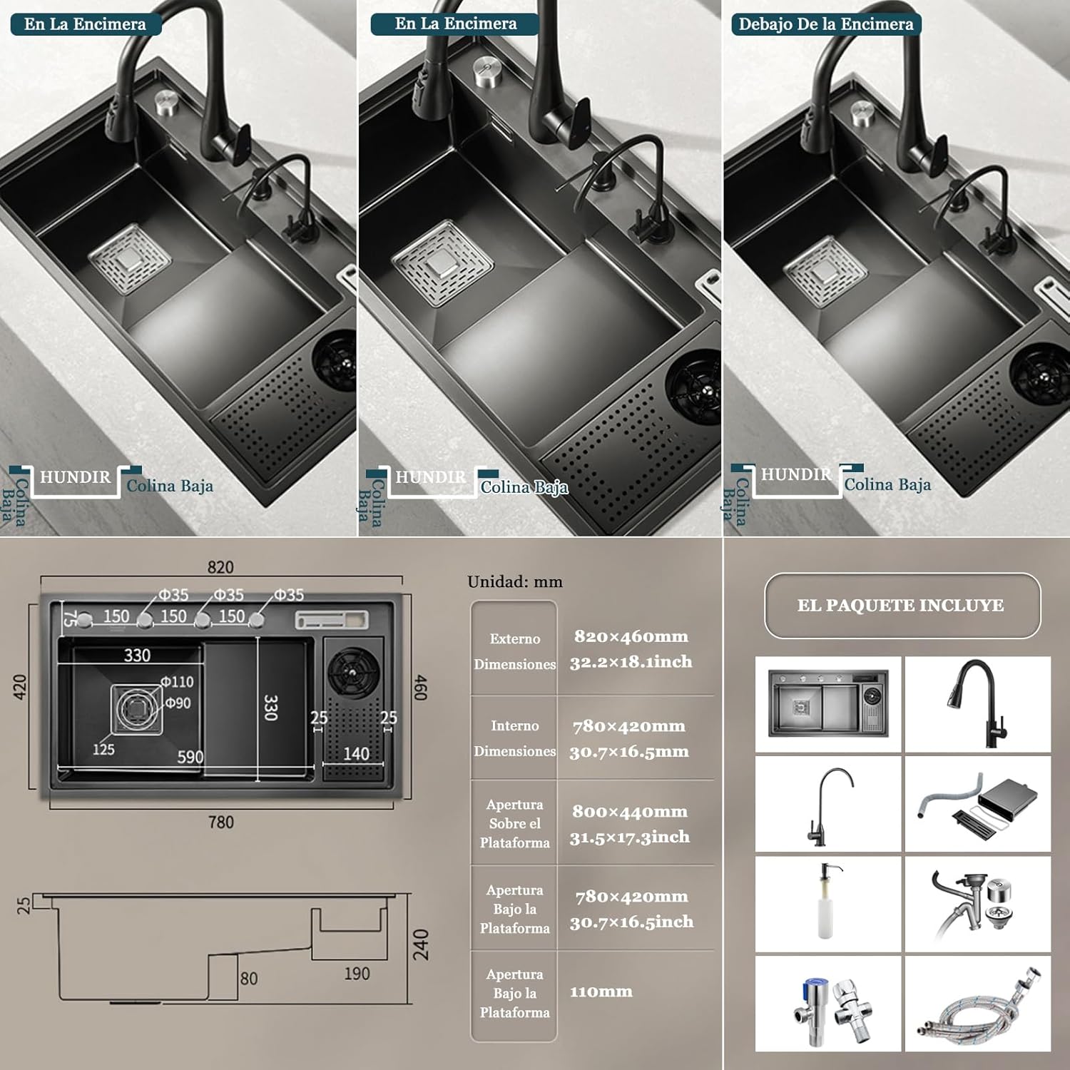 304 Stainless Steel Kitchen Sink Single Bowl Stepped Bar Sink With Cup Washer And Faucet Recessed Or Under-counter Installation Multiple Package Options (Color : H, Size : 82x46x22cm)