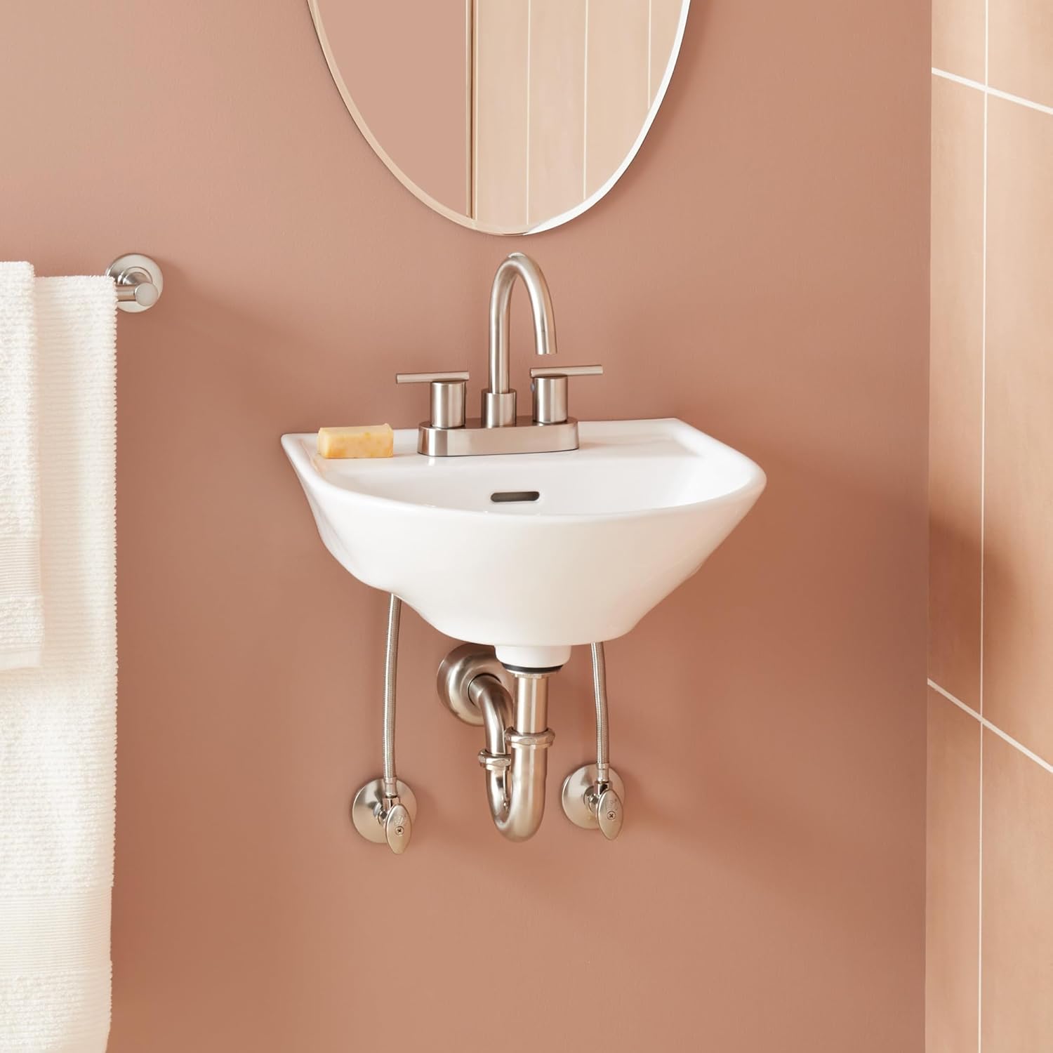 Signature Hardware 953880-4 Lanken 17" Porcelain Wall-Mounted Bathroom Sink with Overflow and 3 Faucet Holes at 4" Centers - White