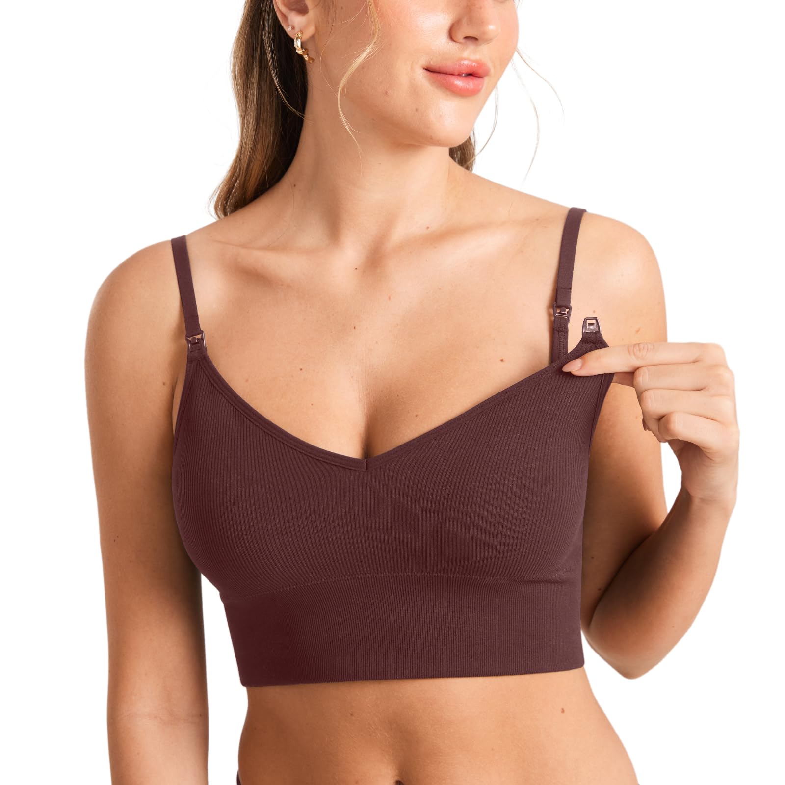 Momanda Women's Hazelnut Ribbed Nursing Bras Longline Sleep Breastfeeding Support Seamless Maternity Sports Bra V Neck Wireless Xxl