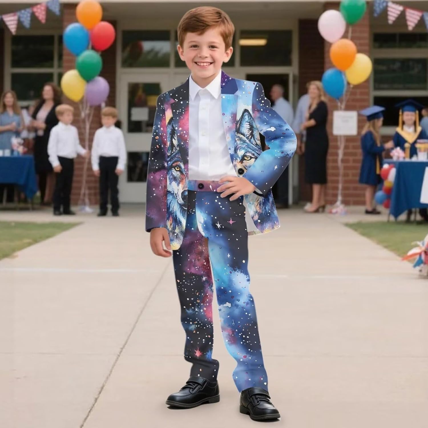 Boys' Casual Suits 2 Piece Set Slim Fit Dresswear Tuxedo Suit with Adjustable Waist Pant Teen Boy Dress Clothes