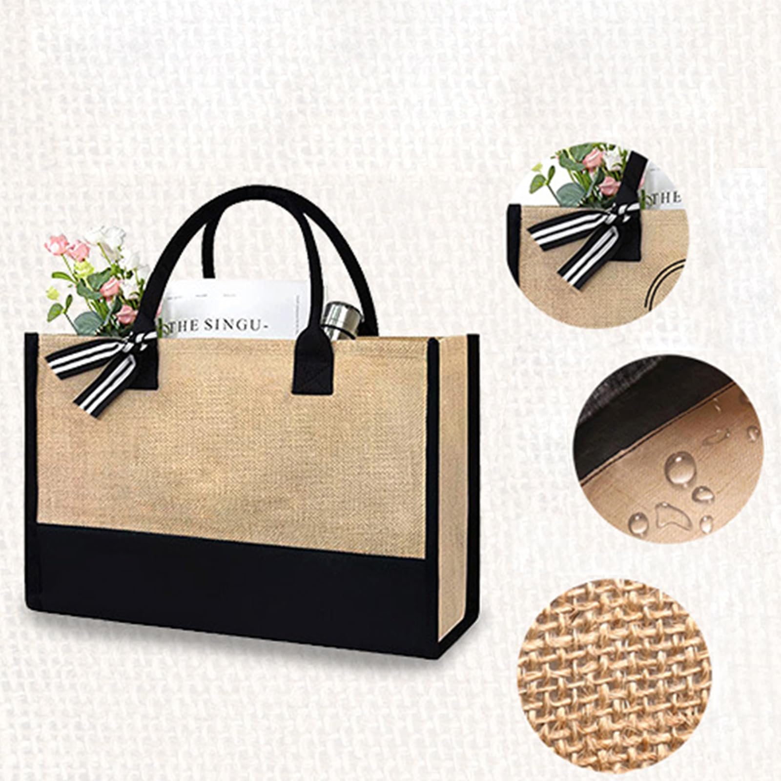 soulnioi Cotton Jute Tote Bag Reusable Shopping Bag, Personalized Flowers Letters Printed Bag for Women/Men - Image 3