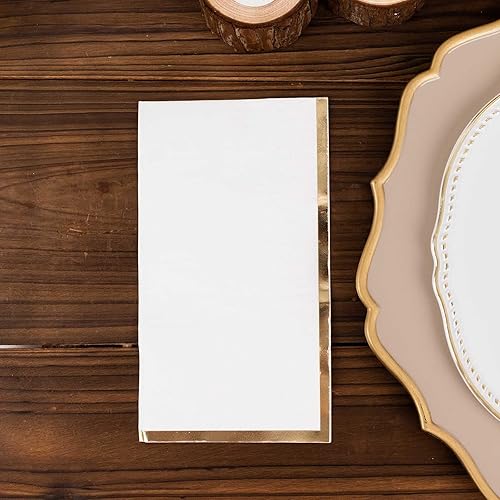 Miniatura 5 de Efavormart - Paquete de 50 servilletas de papel desechables de 2 capas con borde de lámina dorada, color blanco