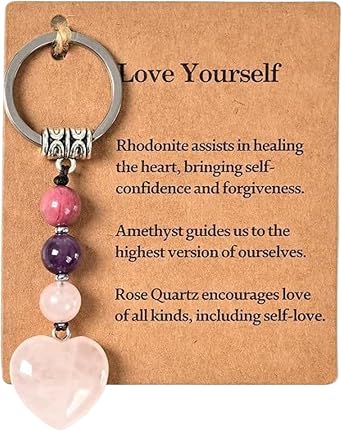 Stone Keychain for Women, Natural Stone Keyring with Round & Heart Beads, Gift for New Job New Beginnings