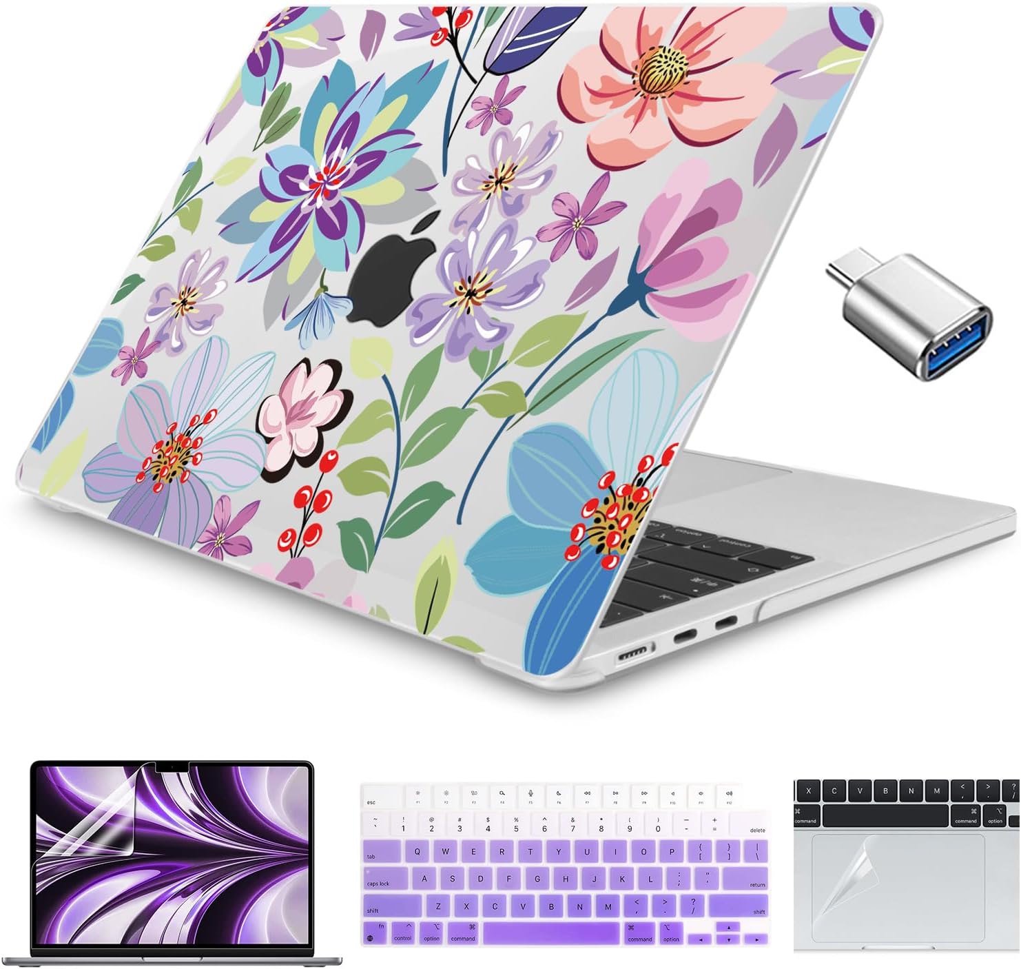 Teryeefi Clear Case for M4/M3/M2 MacBook Air 13.6 inch 2025 2024 2022 Fit Model A3240/A3113/A2681, Laptop Hard Shell with Keyboard Cover Trackpad Film USB Adapter for MacBook Air 13 inch, Floral W104