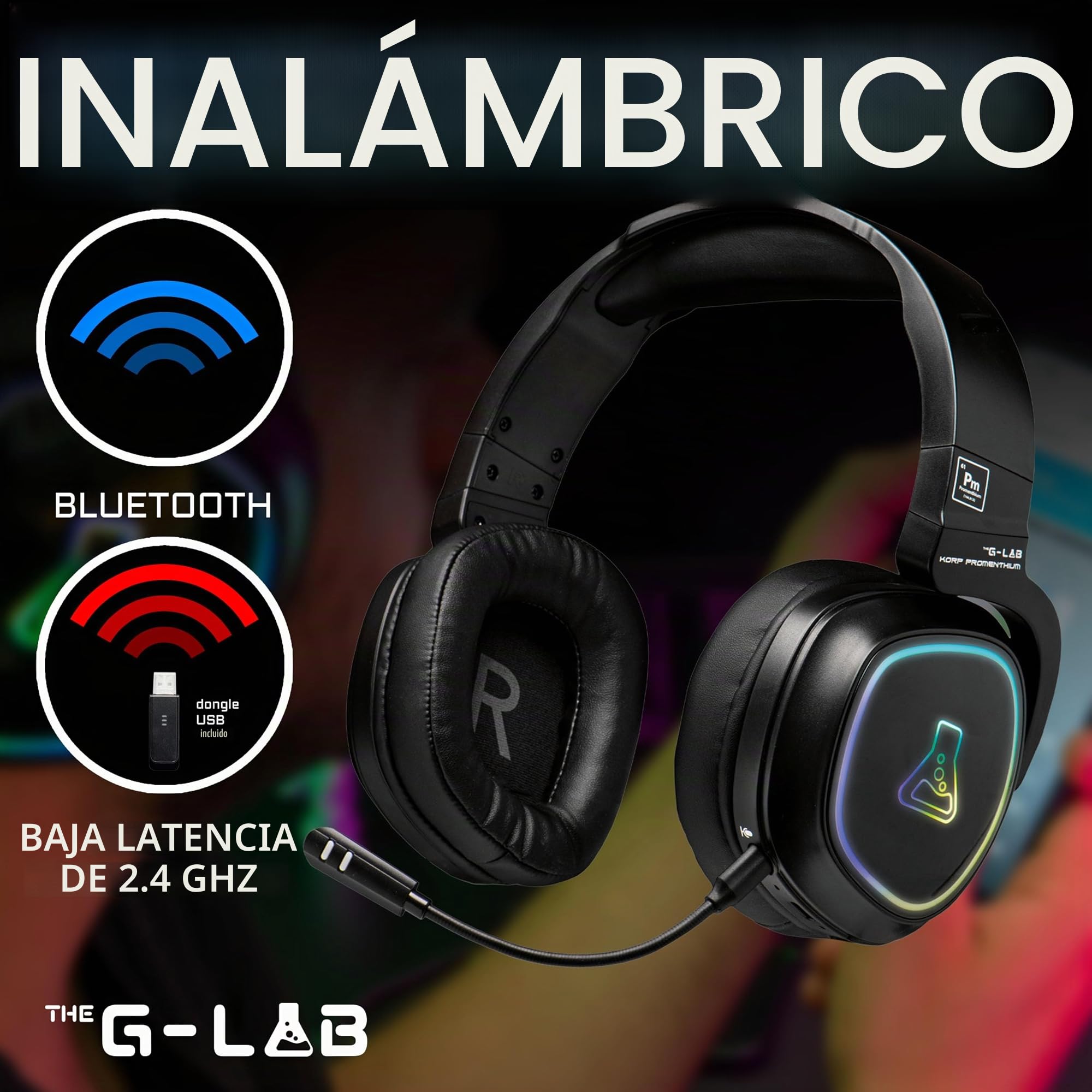 The G-Lab - Korp Promenthium - Auriculares Gaming Inalámbricos para Ps4/Ps5/Pc - Auriculares Gamer Inalámbricos de Baja Latencia - Retroiluminación RGB - Nuevo (Inalámbrico)