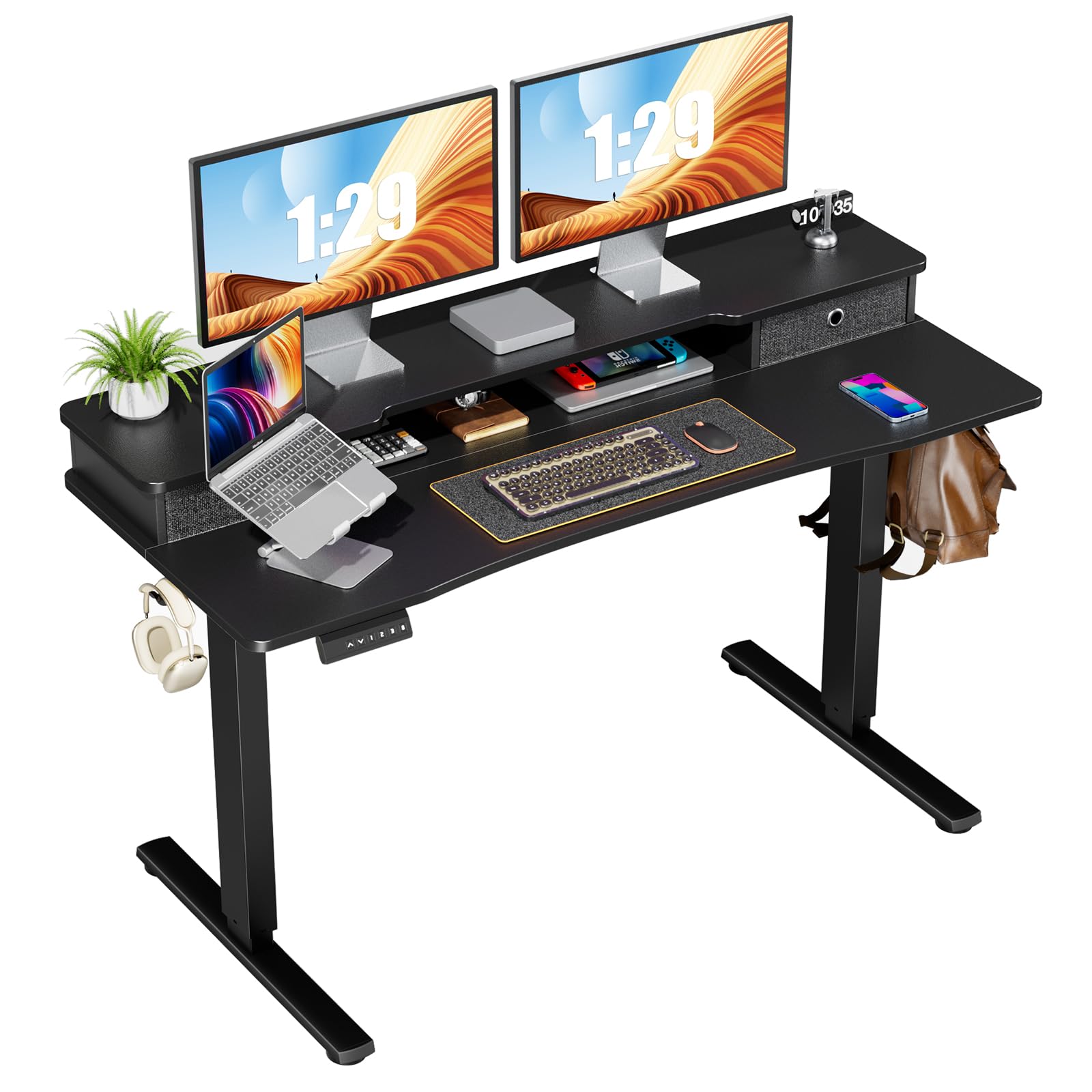 CUANBOZAM 55inch Electric Standing Desk with Double Drawers, Adjustable Height Stand Up Desk, Sit Stand Home Office Desk with Monitor Stand, Computer Workstation with Storage Shelf