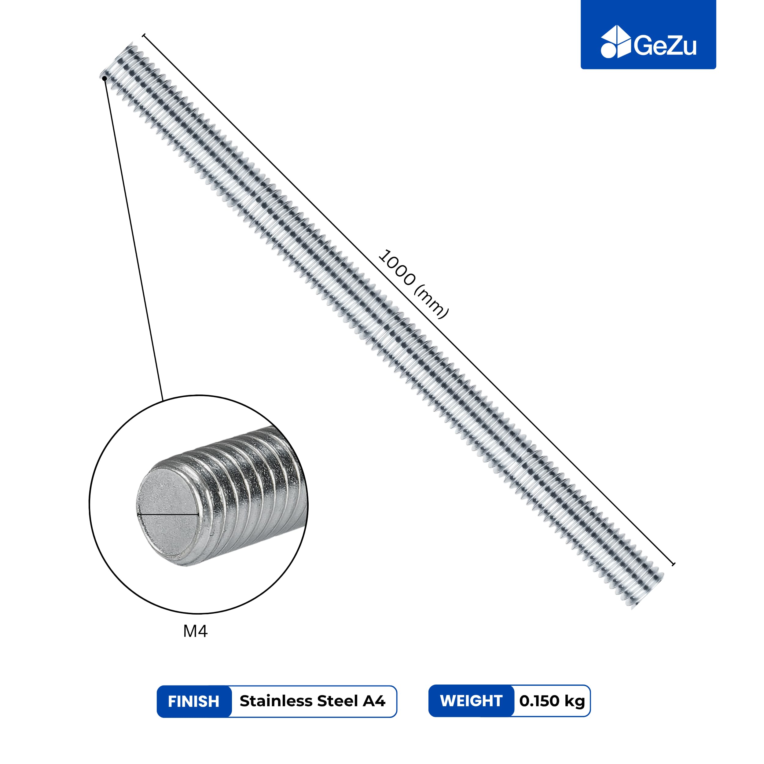 GeZu Impex Varilla Roscada M4 1000 mm A4 Acero Inoxidable conjunto de 10 Barra Roscada Completa Rosca Derecha Varilla Barra Perno