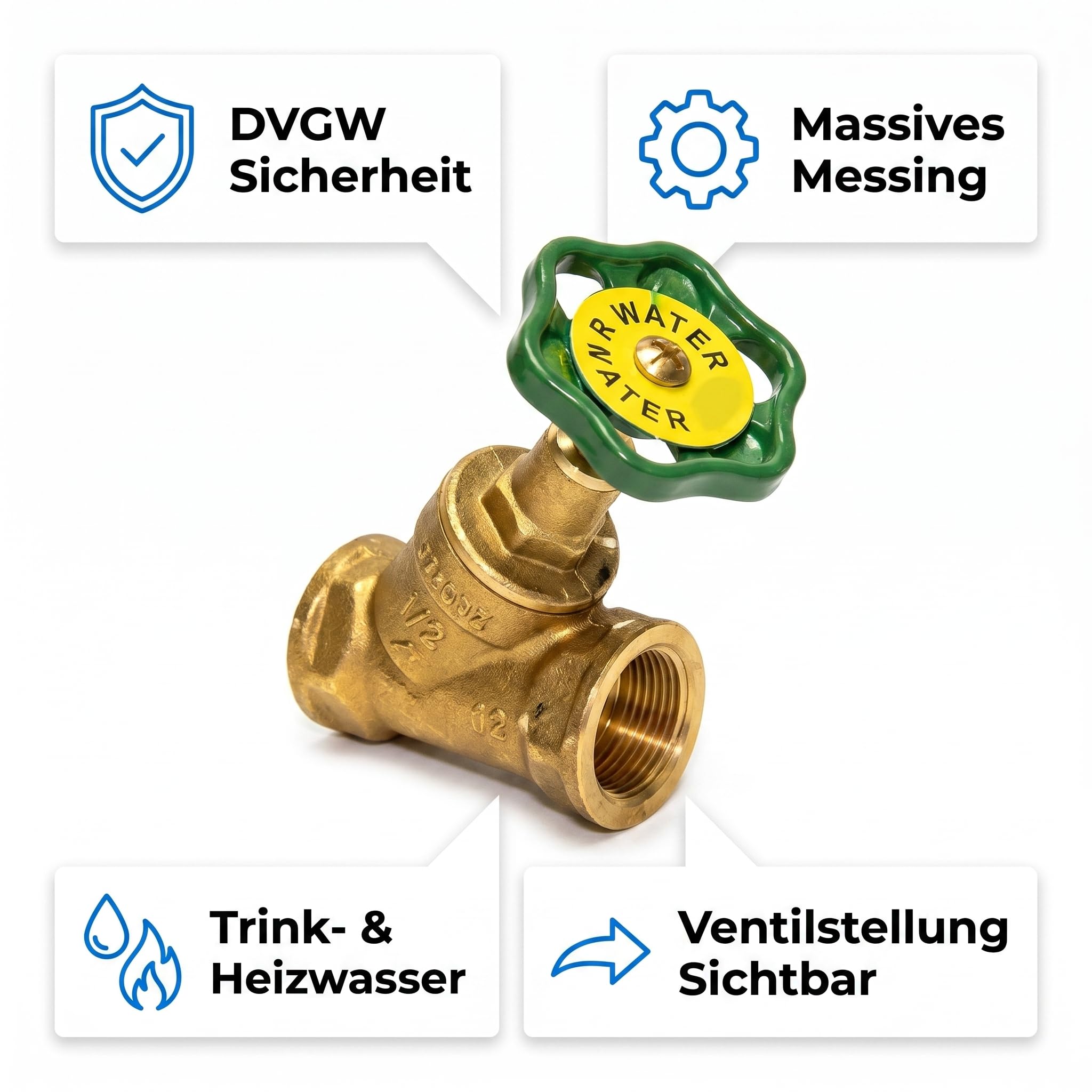 KFR Ventil 3/4 Zoll – Messing Schrägsitz-/Freistromventil mit Entleerung & Prüfschraube – steigende Spindel – DVGW-geprüft für Trinkwasser, Heizung & Hausinstallation