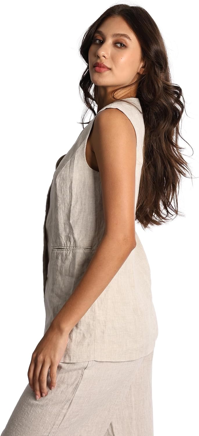 Womens Thick Pure Linen Medium Long Vest With Pockets And Button Closure - Image 2