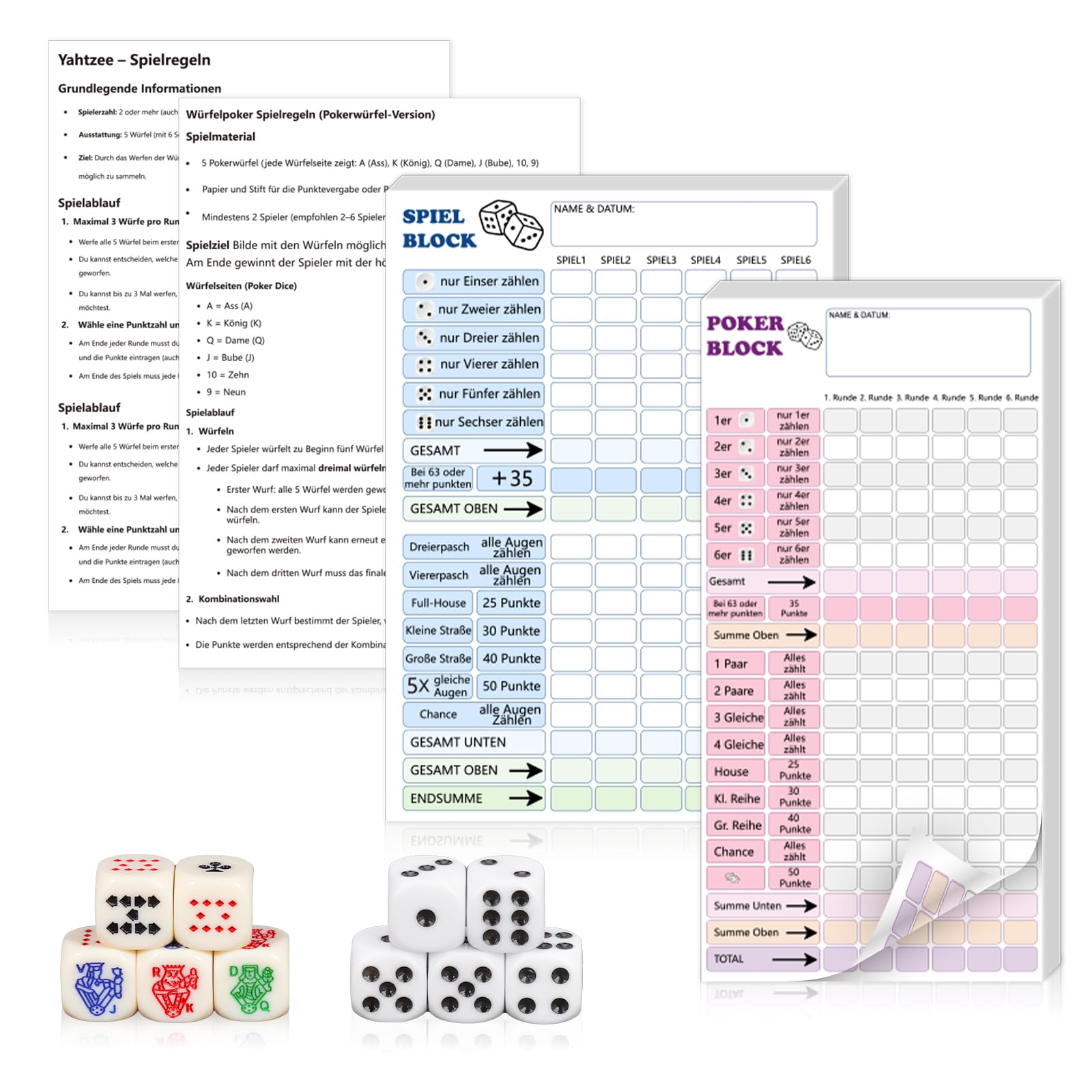 XUWAIDSGN 14 Piece Dice Game Set Poker Dice Set Yahtzee Trickle Set 5 Dice 5 Poker Dice 2 Score Table 2 Game Instructions Winning Cards Game Blocks for Family Game