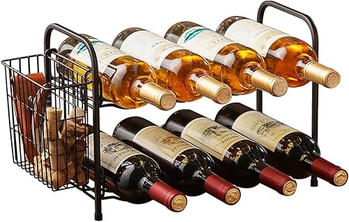 2 Tier Iron Art Wine Rack with Hanging Basket|Countertop Wine Storage Stand|Wine Display Rack Hold 8 Wine Bottles|Freestanding Wine Bottle Holder