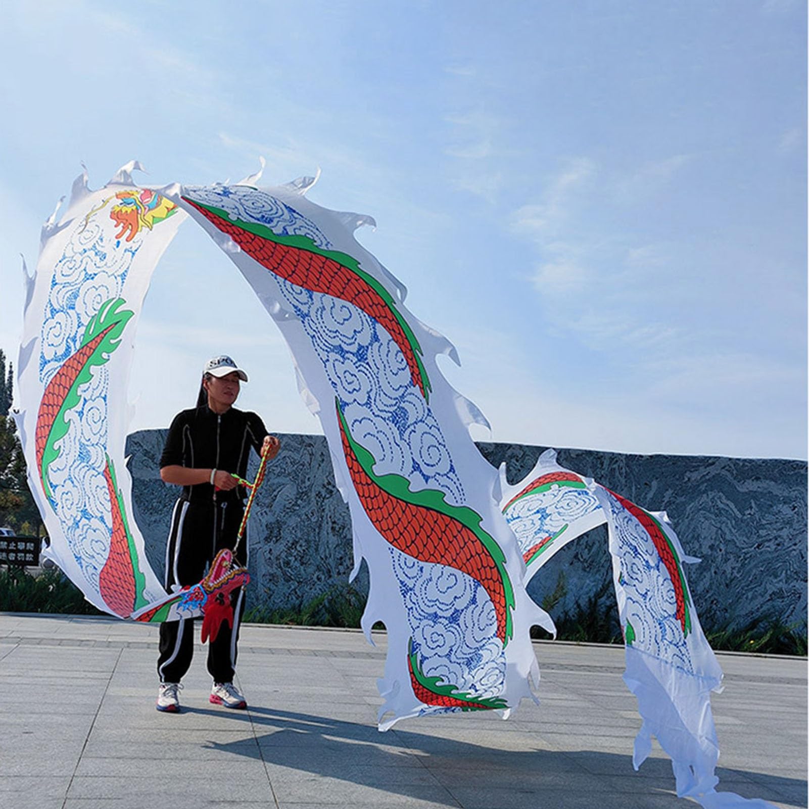 JAYWIS Dragon Poi Outdoor Exercise Dance Dragon Poi, Silk-like Dragon Ribbon Streamer with Dragon Head ＆Travel Bag, Dragon Flinging Ribbo for Fitness/Juggling (Color : White, Size : 6 m (20 ft))
