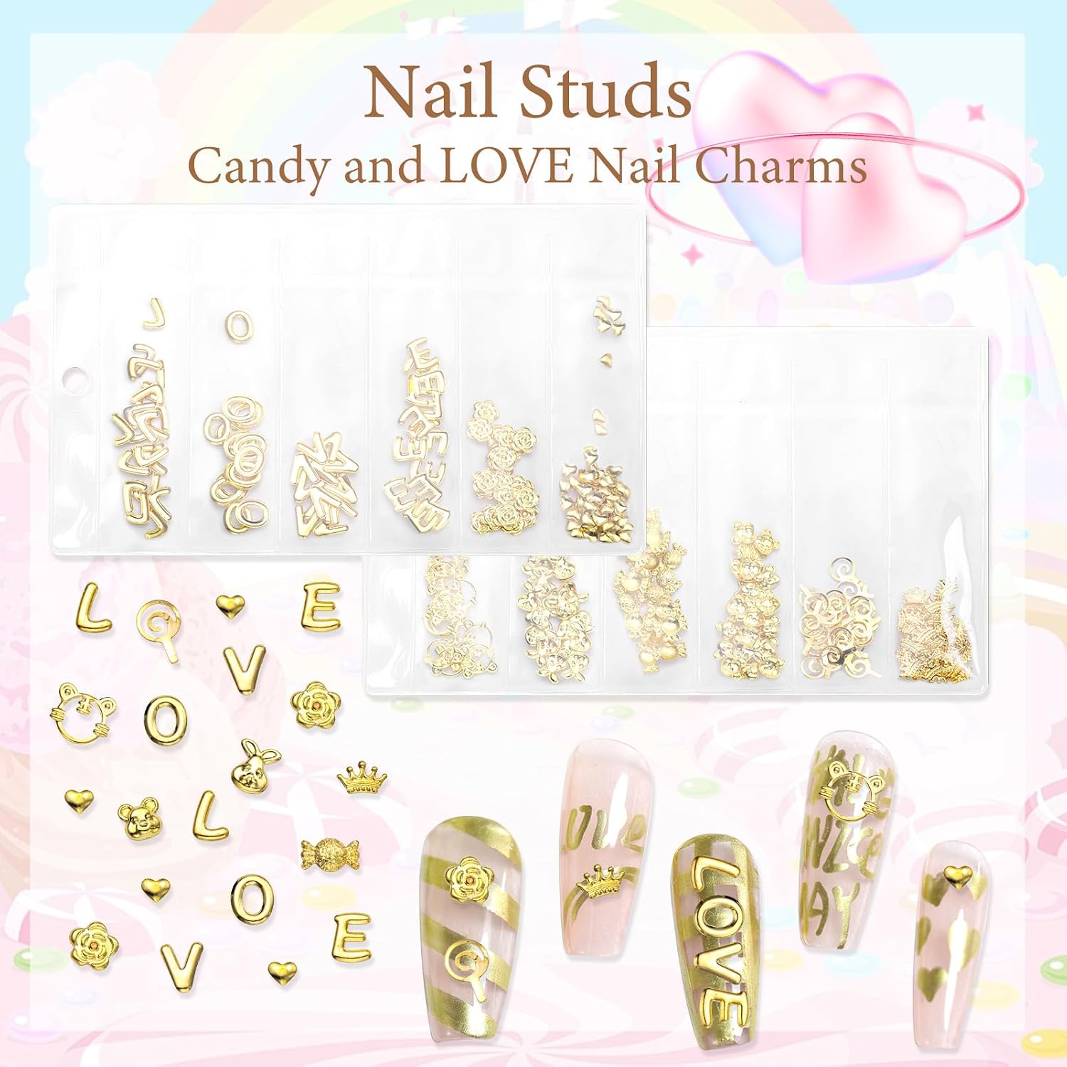 Gold Nail Charms Letter Love Gold Nails Art Studs Luxury Rivet Golden Gems for Nails Art DIY