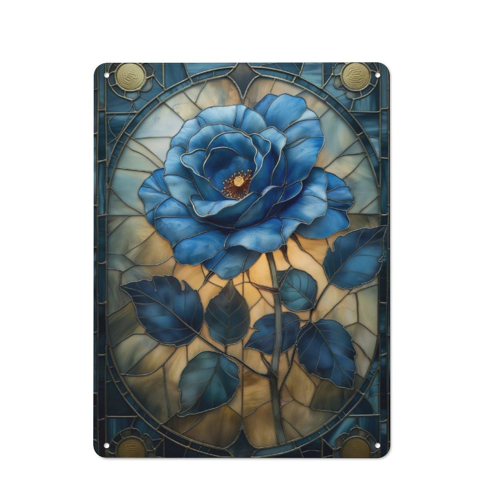 Junmoney Stained Glass Blue Rose Metal Plaque 40X30cm With For Pub Or Café, Rustic Decor, For Pub Decor Enthusiasts