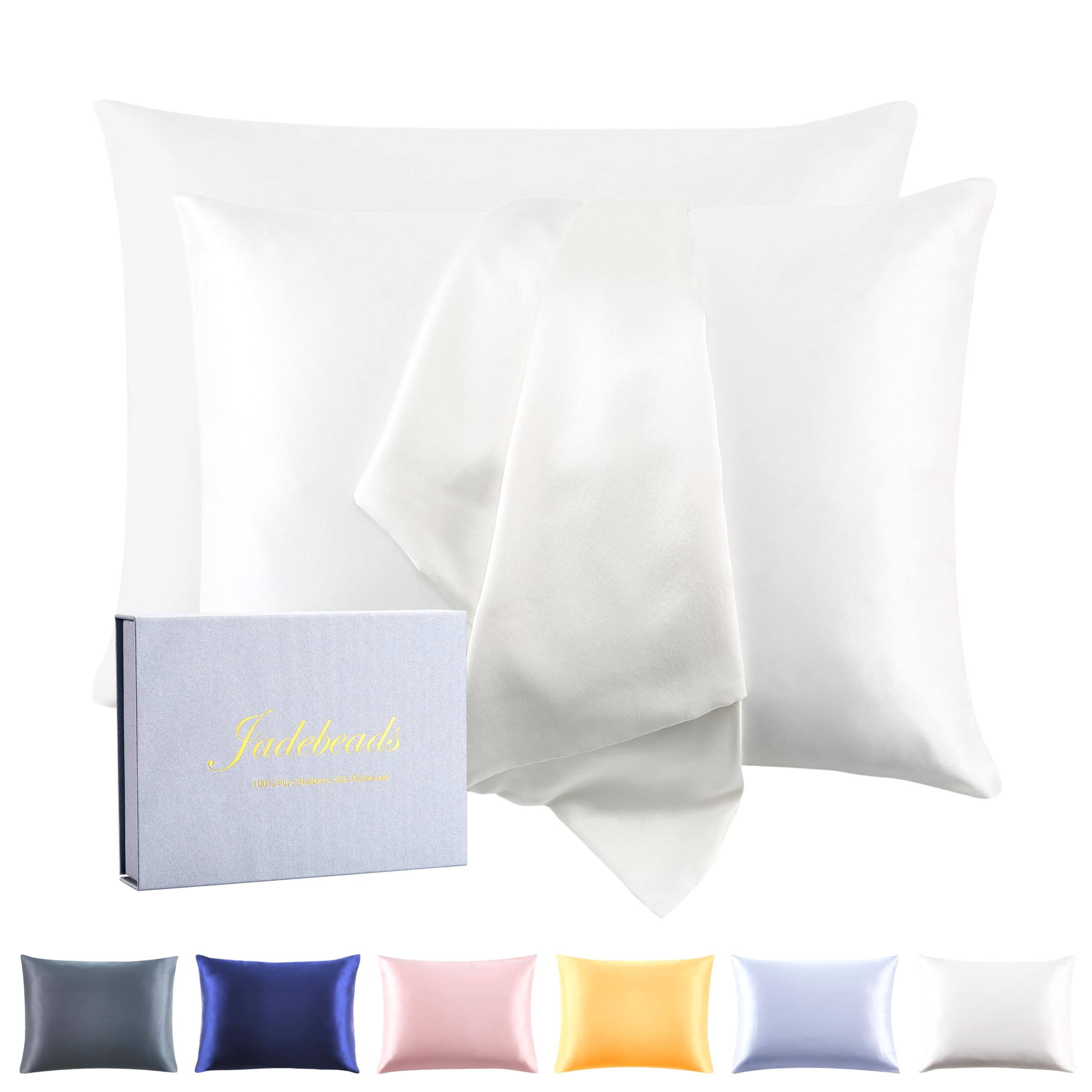 Jadebeads Lujosas fundas de almohada de seda de morera 100 % pura de 22 momme para cabello y piel, funda de almohada de seda blanca con cremallera, paquete de 2 fundas de almohada para regalos