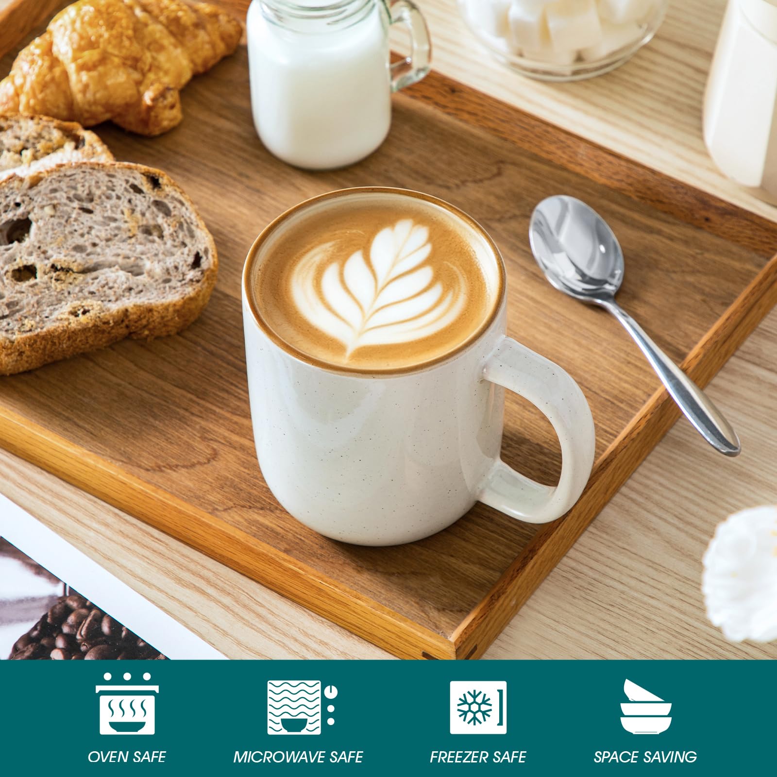 vancasso RENO - Juego de 6 Tazas de Gres Beige con Asa - 400 ml - Para Café con Leche, Té, Latte y Smoothies - Apto Lavavajillas y Microondas - Esmaltado Reactivo Claro