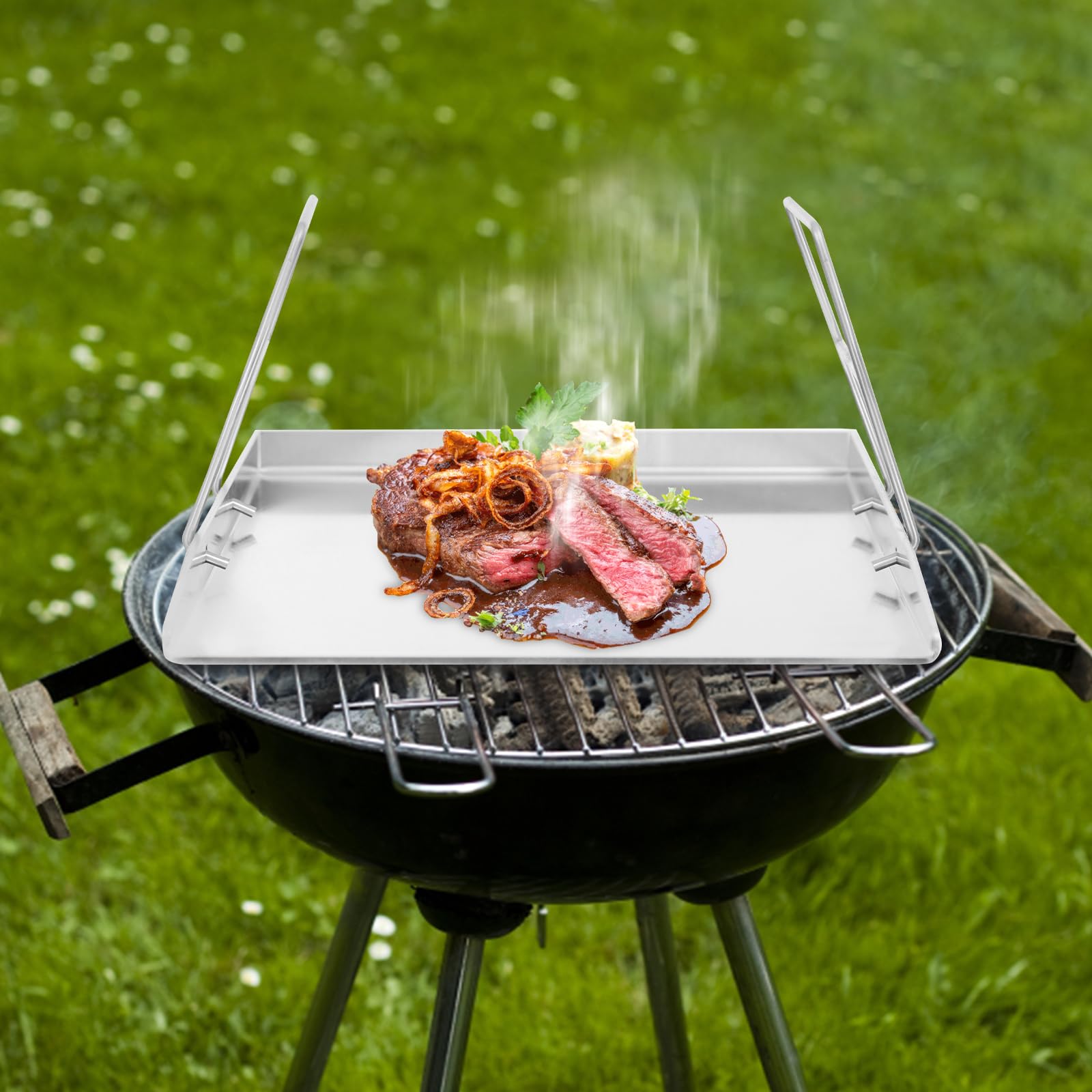 Plancha plana de acero inoxidable de 40 x 30 cm con asas y agujeros, 4 mm de grosor, apta para lavavajillas e inoxidable, parrilla duradera para carne, pescado, tortillas para carbón vegetal, barbacoa