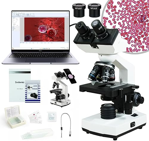 Sedumic Microscopio compuesto binocular digital 40X-2500X LED con etapa mecánica 2 MP USB cámara para niños, estudiantes y adultos, con juego de