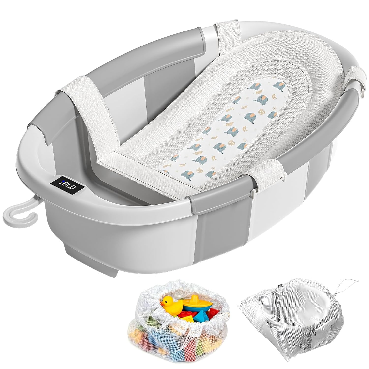 JoyYum Collapsible Baby Bathtub Newborn to Toddler 0-36 Months - Soft Cushion, Thermometer, Toy Organizer, Portable Grey Tub
