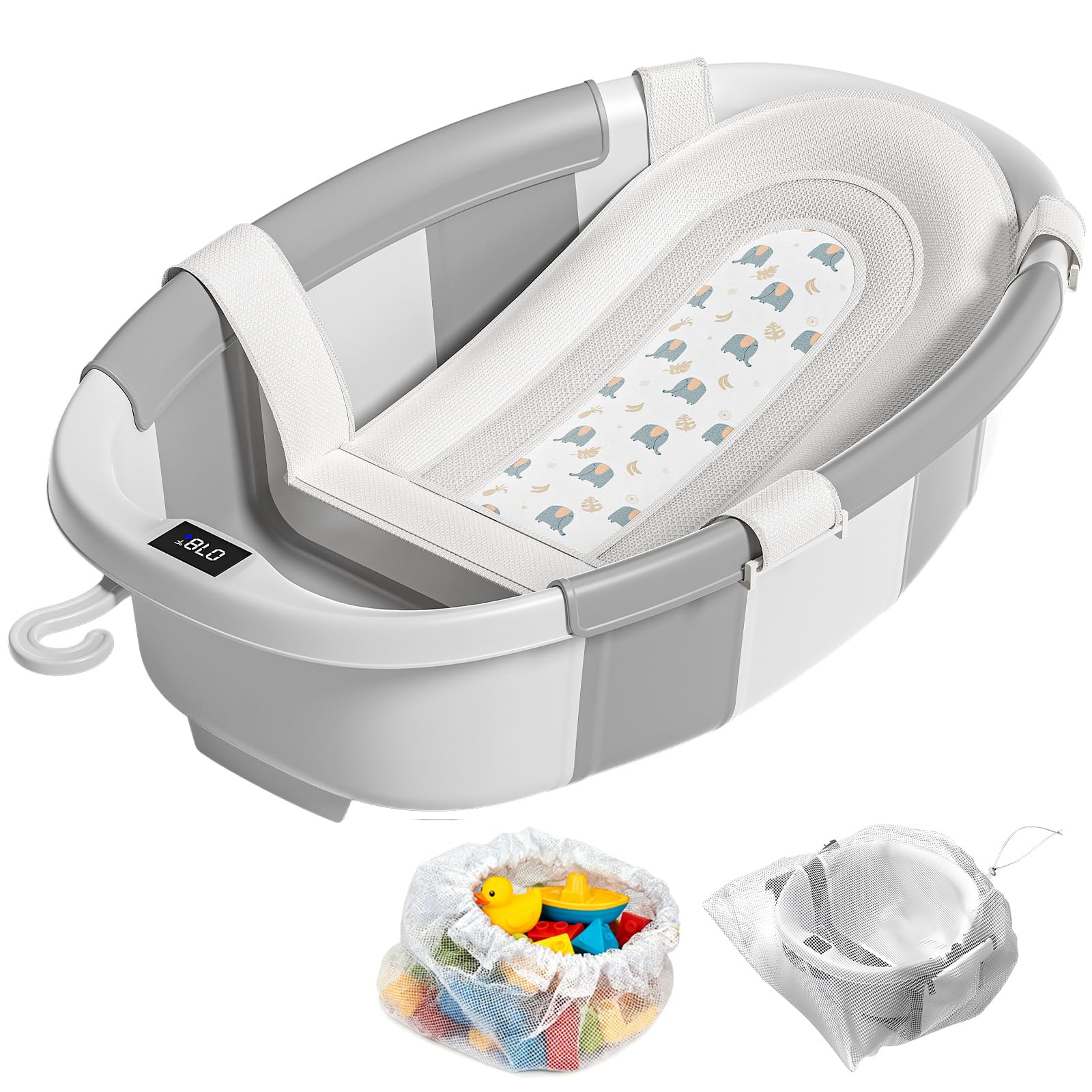 Photo 1 of ***FACTORY SEALED - OPENED FOR INSPECTION***Collapsible Baby Bathtub with Soft Cushion and Thermometer, Newborn to Toddler Tub 0-36 Months with Toy Storage Mesh Bag, Portable Travel Bath for Infants (Grey)