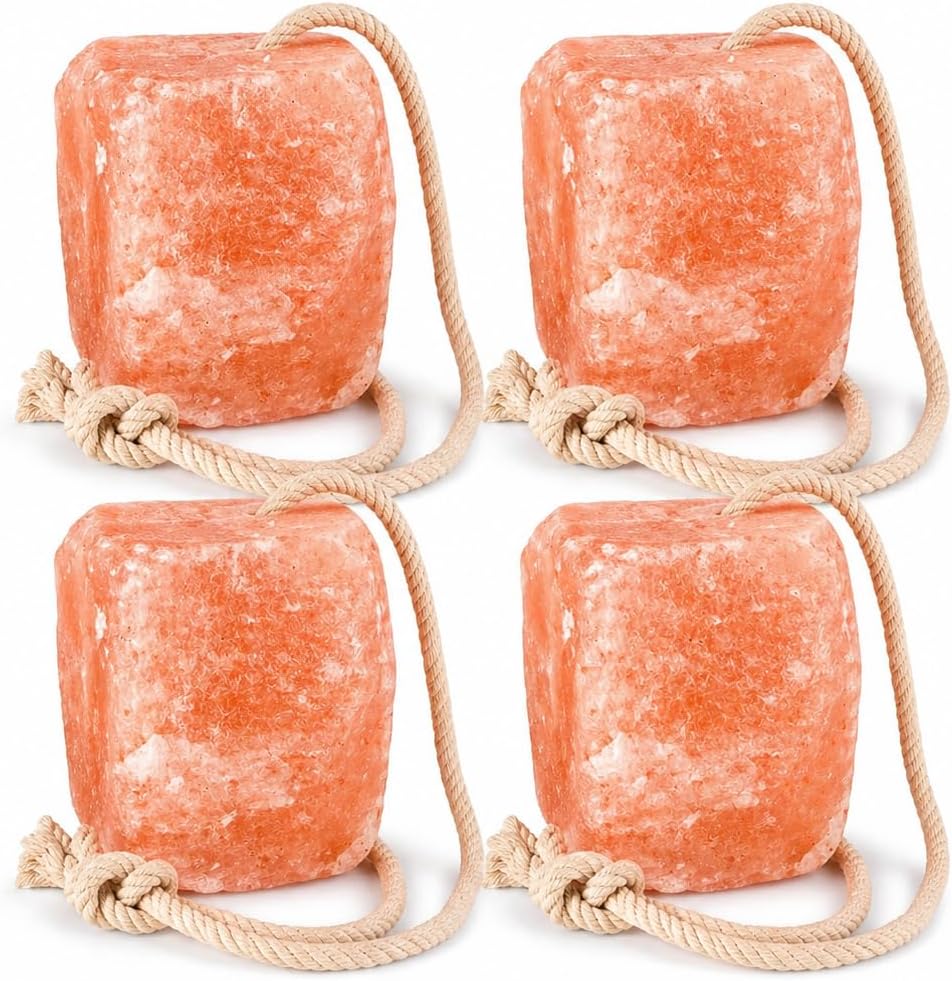 Himalayan Salt Block 4 Pack - 6 lbs Each. Himalayan Salt Lick on Rope for Horse, Deer, Goat, and Livestock Animals