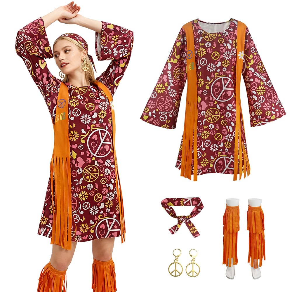 Disfraz Hippie Mujer, Disfra z Hippie para Mujer disfraz Años 70 mujer 4 Piezas de Ropa de Los Años 70 para mujen r de Los A ños 60 y 70 Disfra z de Carnaval Cosplay Fiesta Disf races Hippies