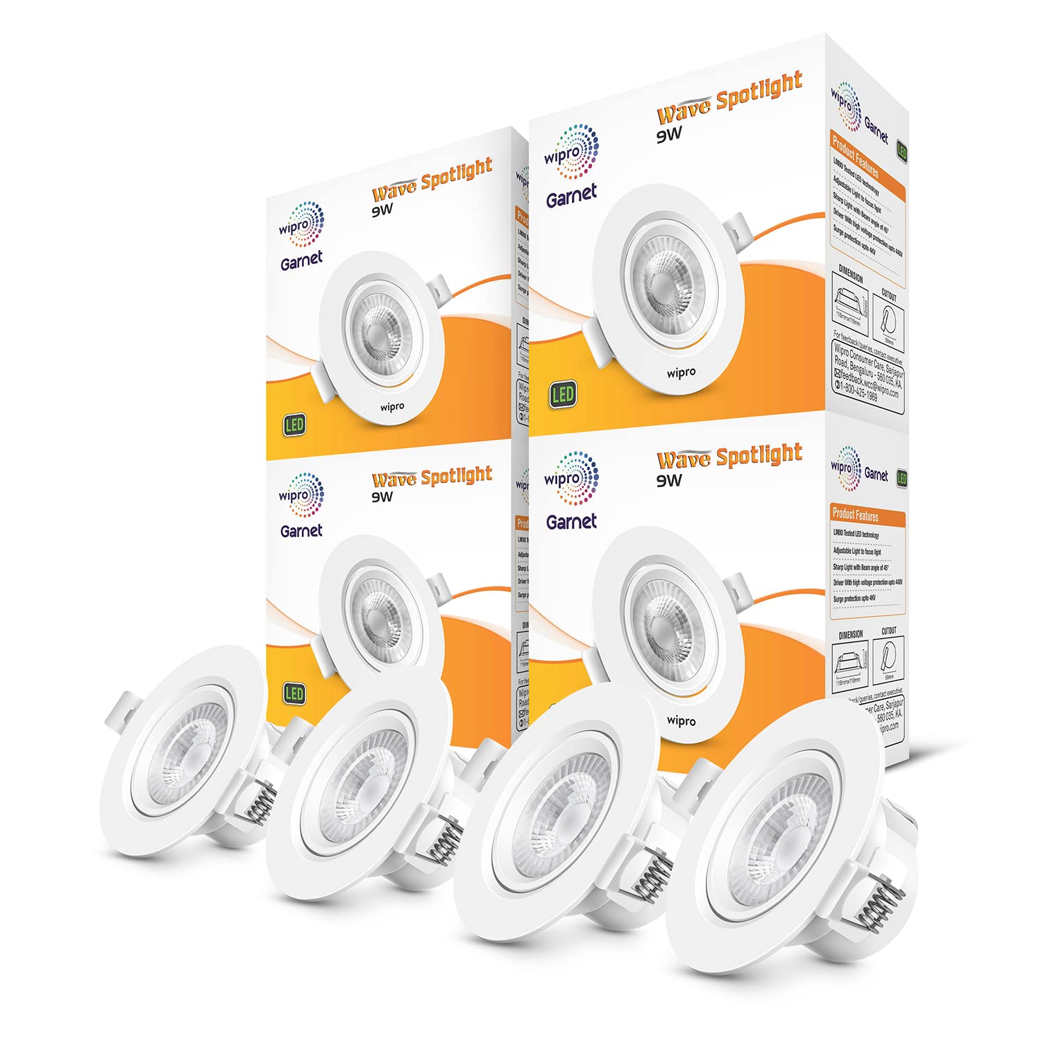 wipro Garnet 9W Round Led Wave Spotlight|Cob Spotlight for Ceiling|Warm White Light (2700K)|Adjustable Design|Recessed Tiltable Downlighter for False Ceiling|Cutout - 100 Mm|Pack of 4-image-28
