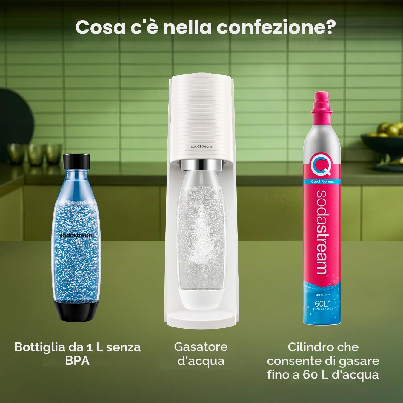 sodastream Gasatore Terra White con 1 bottiglia fuse lavabile in lavastoviglie da 1L e 1 cilindro di nuova generazione Quick Connect per gasare fino a 60L