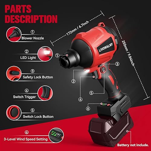 Miniatura 2 de LIVOWALNY Cordless Air Pump Dust Blower Compatible with Milwaukee 18V Battery, Brushless Air Duster Compressed Air Mattress Pump w/ 3 Speeds & 7