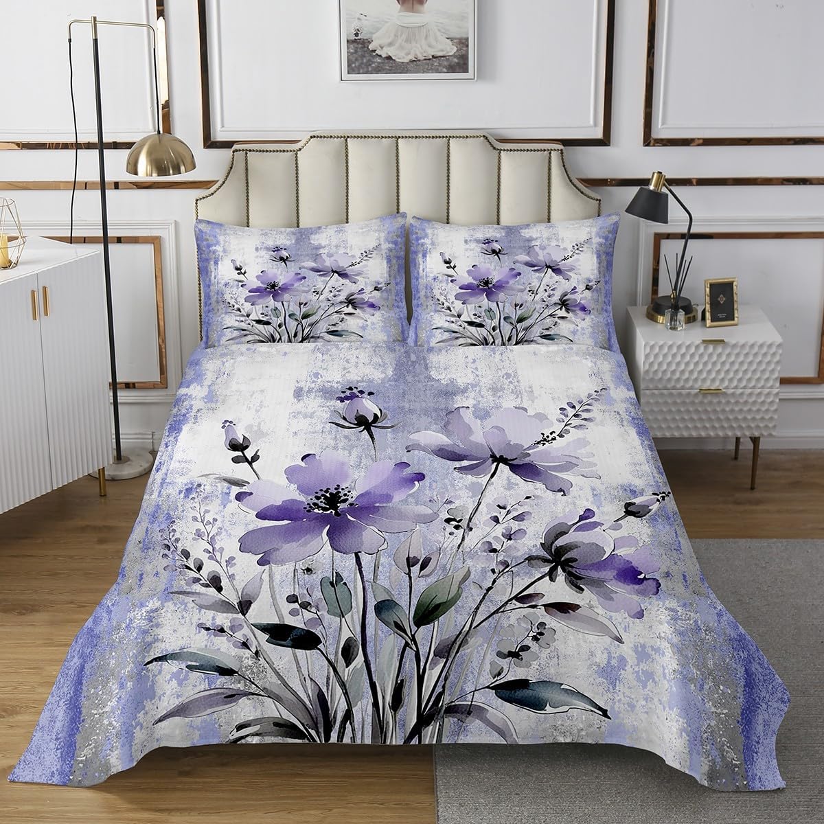 Erosebridal Floral Flowers Twin Bedspread Set, Rustic Farmhouse On Country Soft Quilt Set for Bedroom, Farm Purple Coverlet Set & Bedspread for Girls Lady Women, Oil Painting Quilt Bedding Sets