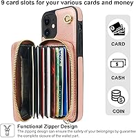 Vista 25 de Bocasal Funda tipo cartera cruzada para iPhone 12/12 Pro, funda de piel con bloqueo RFID y soporte para tarjetas, funda protectora con cremallera