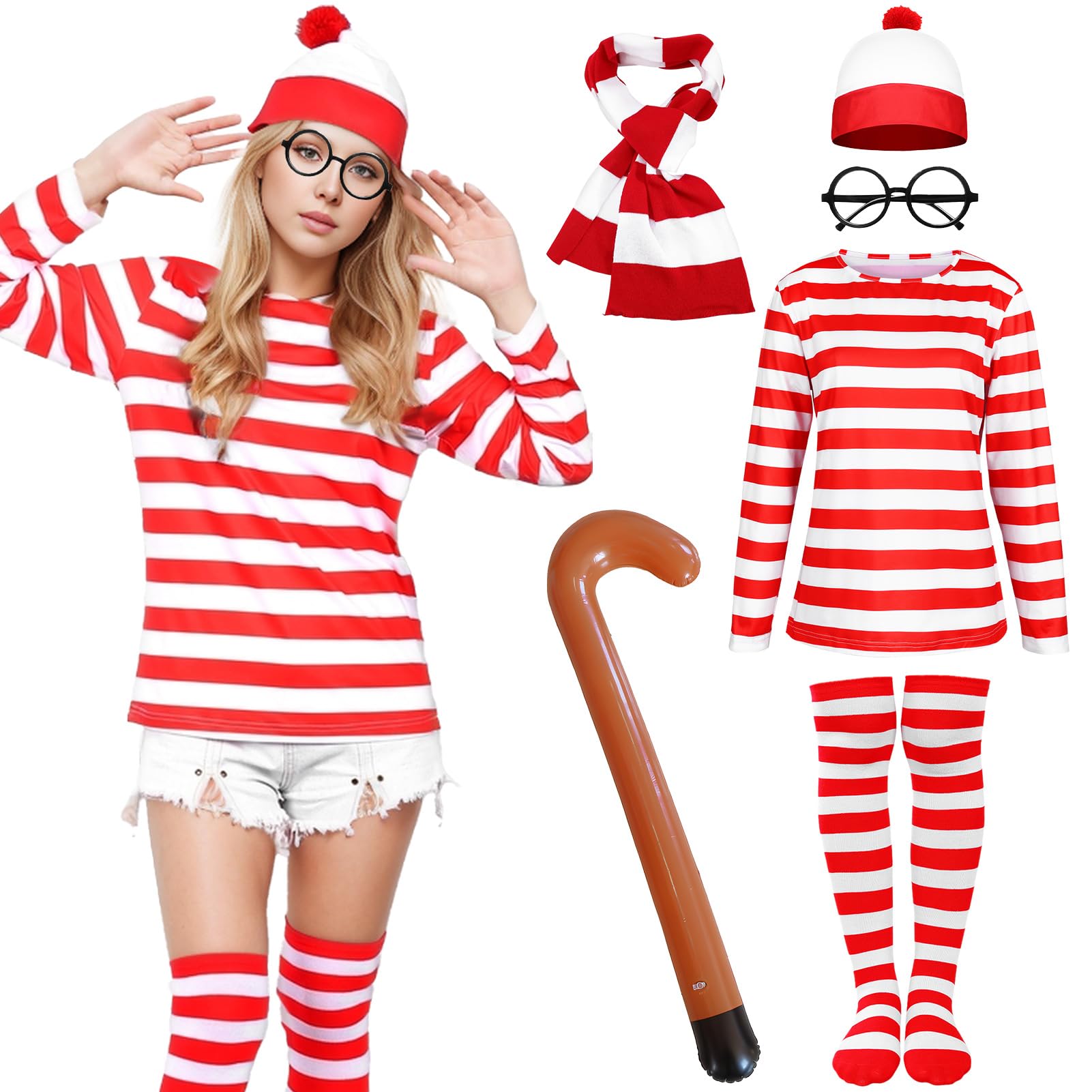 Alaiyaky Red and White Striped T-Shirt Set for Adult Kids, 90s Fancy Dress Striped Top with Beanie Hat Glasses Striped Socks, Halloween Costumes Book Day Outfit for Boys Girls Men Women (Womens, S)