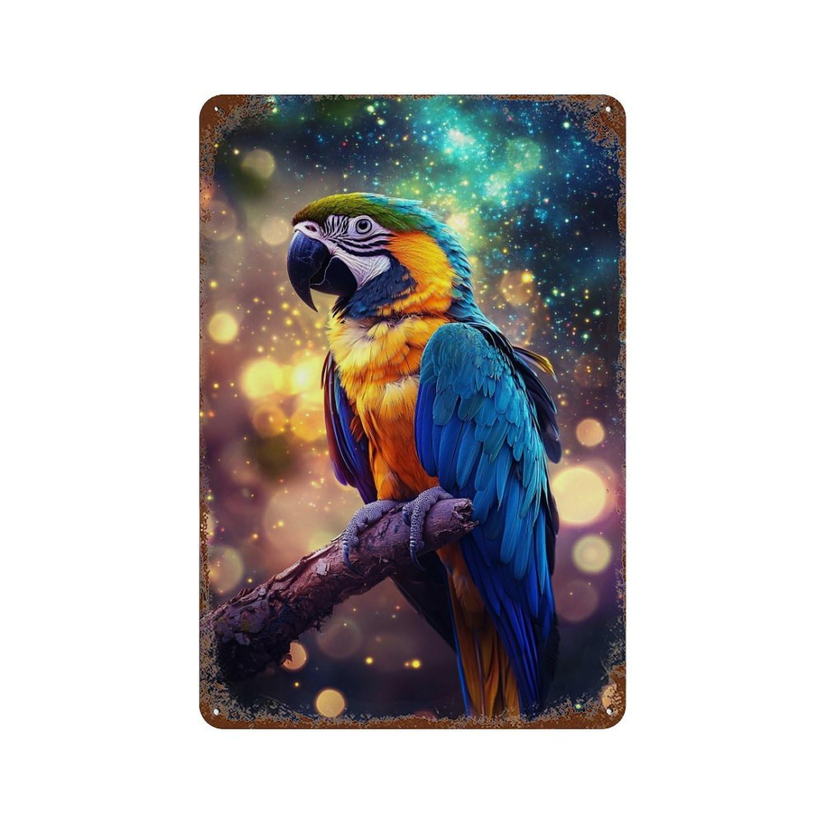 Colorful Macaw Parrot Art Print Rust Effect Tin Sign 11.8"x7.9", Industrial Home Decor for Garage, Pub Or Kitchen