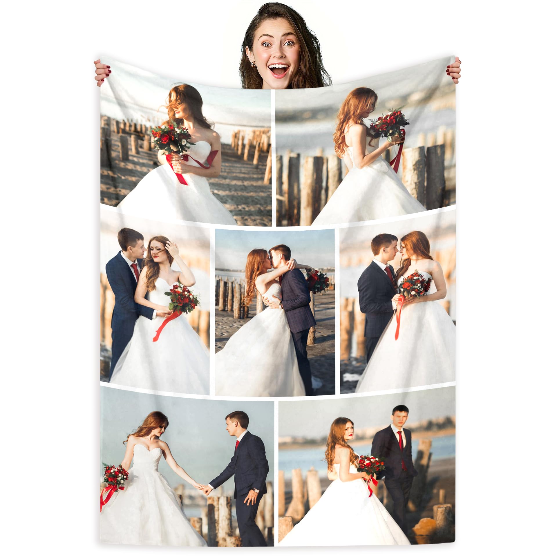 LMQJDZ Personalised Photo Blanket,with Photo & Text, Father's/Mother's Day, for Girlfriend, Boyfriend, Kid, Pet Personalised Gifts (7 Photo)