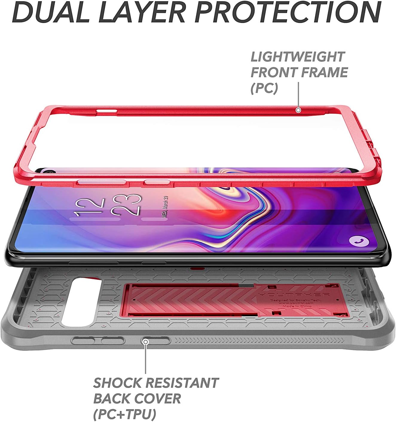 YOUMAKER Kickstand Case for Galaxy S10+ Plus, Heavy Duty Protection Full Body Shockproof Slim Fit Without Built-in Screen Protector Cover for Samsung Galaxy S10 Plus 6.4 inch - Pink