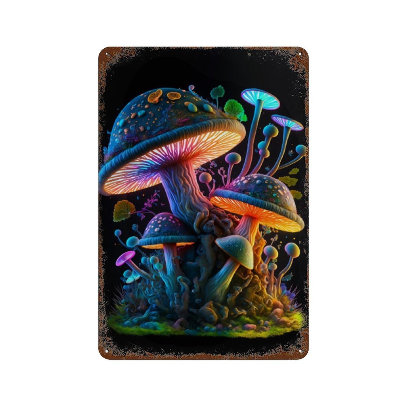 Rust Effect Glowing Fantasy Mushrooms-1 Rustic Tin Plaque 11.8"x7.9", Classic Wall Plaque for Shed, Workshop And Garage Wall Decor
