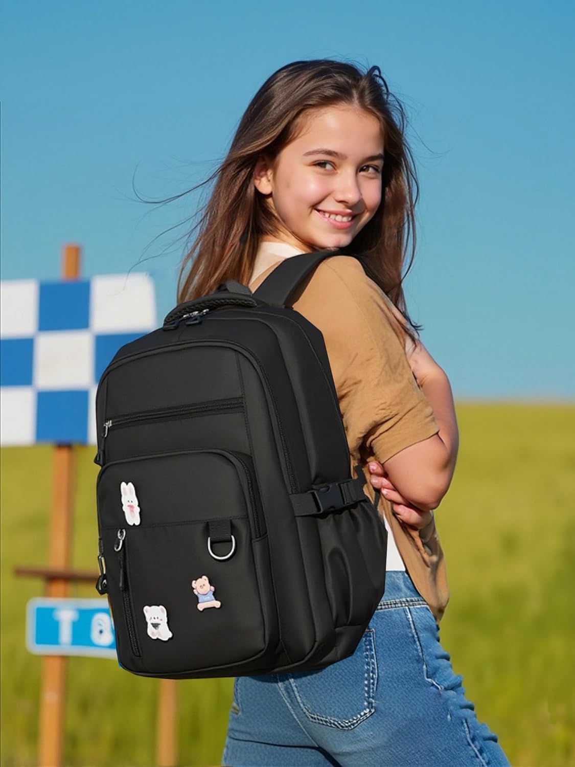 Kawaii Girls Backpack with Lunch Box Set, Cute Aesthetic Backpack Teens Bookbag for Middle High School (Black) - Image 2