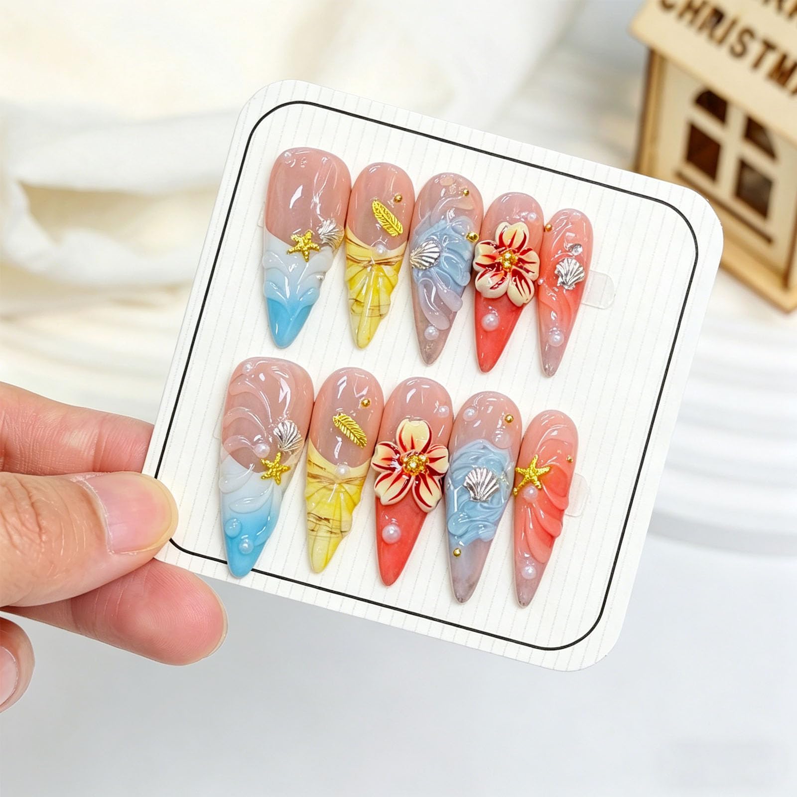 Photo 1 of 10 Pcs Handmade Press on Nails Long Stiletto Fake Nails with Design 3D French Tip Flower False Nails Nude Acrylic Long Stiletto Press Ons Nails for Women Wedding Party - Size M