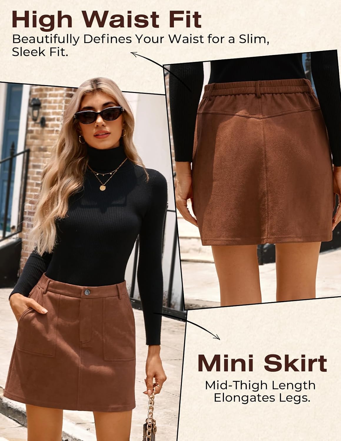 Kate Kasin Women Suede Mini Skirt, High Waisted Pencil Skirt with Pockets image 5