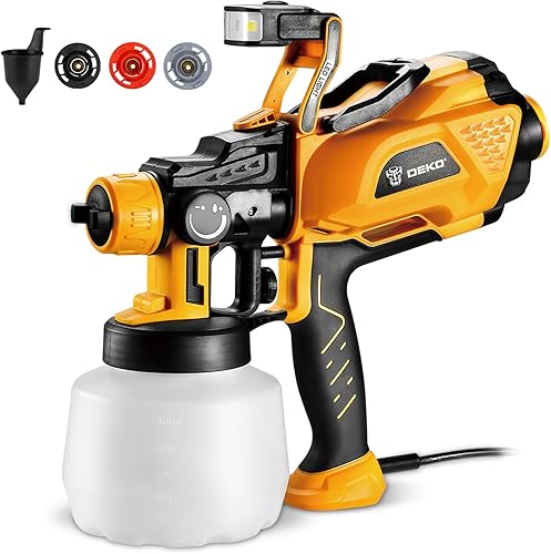 Pulverizador de pintura potente pistola de pintura en aerosol DEKOPRO y pistola eléctrica HVLP con recipiente de 40.6 fl oz, luz LED, 3 boquillas de